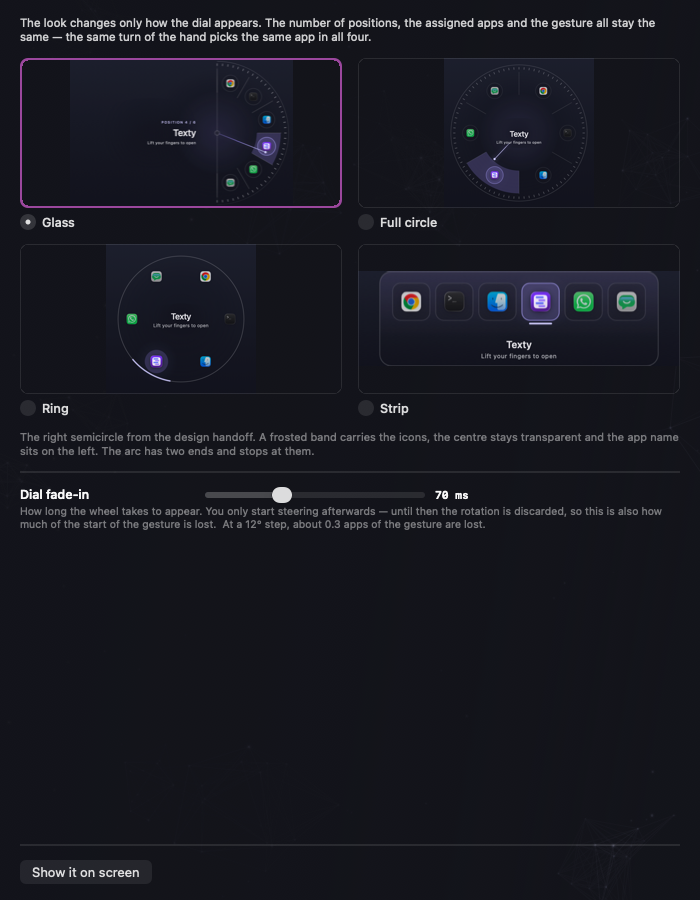 The Appearance tab: four dialer looks drawn with your own apps