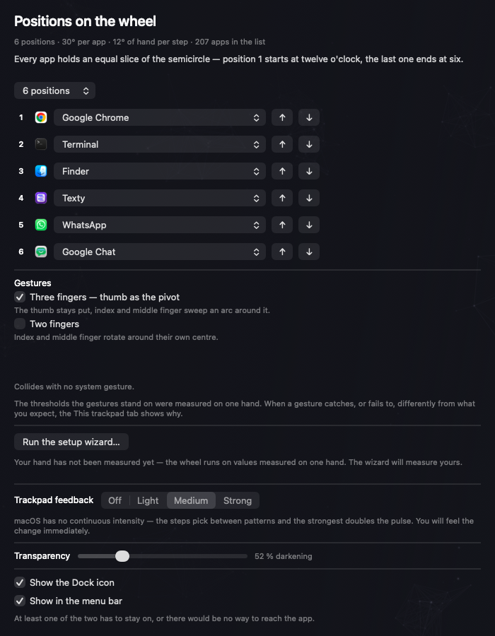 The Gestures and apps tab: the wheel's positions with assigned apps, gesture checkboxes and trackpad feedback